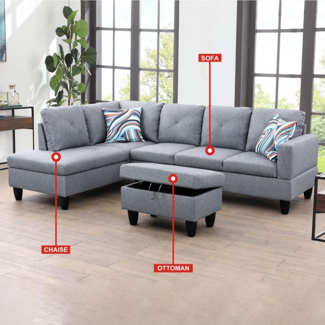 Grey L-Shaped 3-Piece Linen Sofa with Storage Ottoman Set, Sectional Couch Sofa Set for Living Room, Office, Small Space