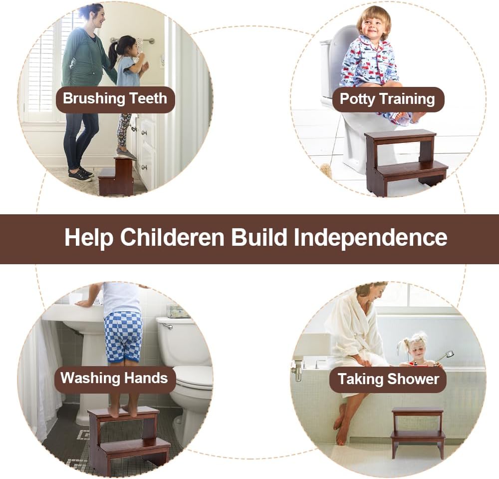 StrongTek Bamboo Two Step Stool for Adults and Kids, Bed Stepstool with Anti-Slip Bottom, Heavy Duty for Kitchen, Bathroom, Bedside Step Stool, Wooden Step Stairs 350 lbs Capacity (Dark Chocolate)