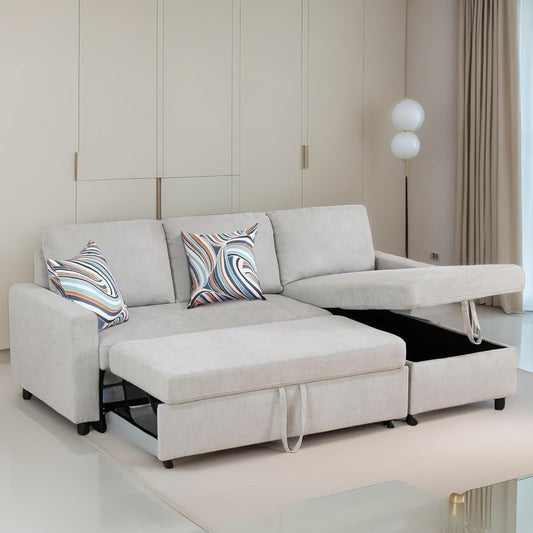 Sofa Bed Pull Out Couch, Convertible L Shaped Sleeper Sofa with Storage Chaise, Modern Lounge Small Sectional Couches for Living Room Small Spaces, Grey