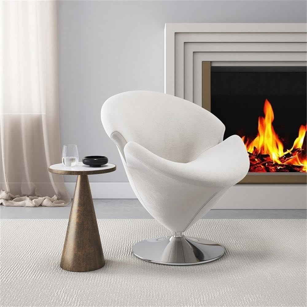 Manhattan Comfort Tulip Swivel Accent Chair with 360° Turn, Modern Flower Inspired Design, Soft Velvet Upholstery, Polished Chrome Base, No Assembly Required, 300 Lbs Capacity, White