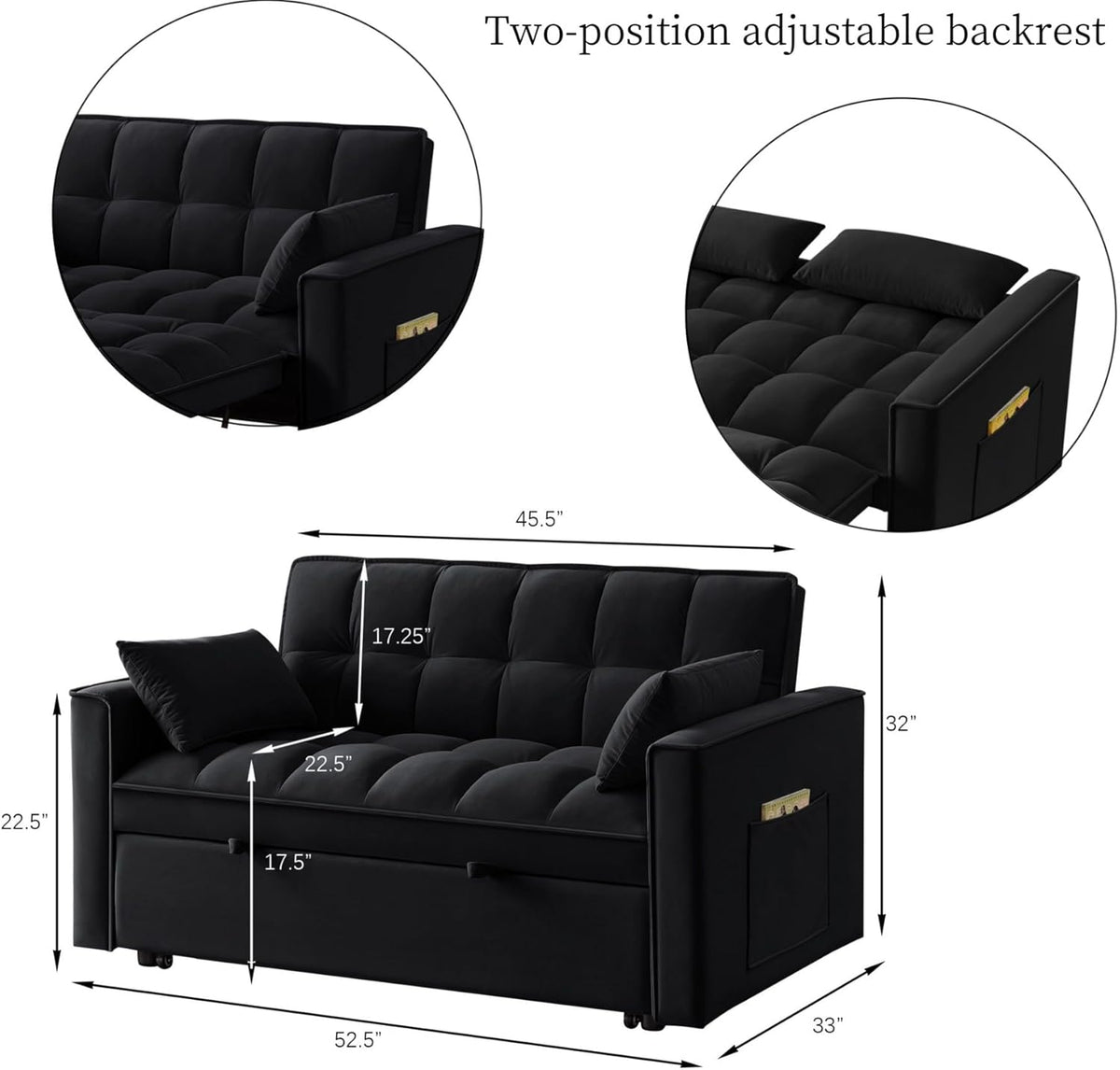 KEIKI Velvet Loveseat Convertible Sofa Bed Sleeper Chair with Adjustable Backrest, Pillows & Storage Pockets, 3 in 1 Pull-Out Couch Chaise Lounge Recliner for Living Room Balcony Bedroom, Black