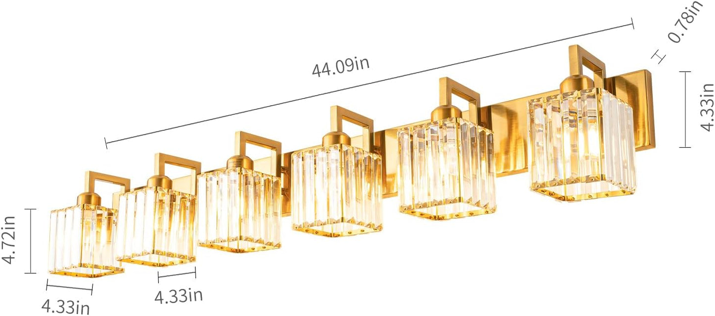 Modern Crystal Bathroom Vanity Light - 6-Lights Gold Brushed Brass Finish Wall Lamp