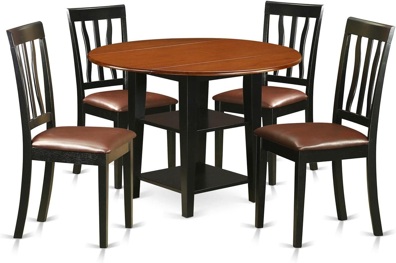 East West Furniture SUAN5-BCH-LC 5 Piece Kitchen Table Set Includes a Round Dining Room Table with Dropleaf & Shelves and 4 Faux Leather Upholstered Chairs, 42x42 Inch, Black & Cherry