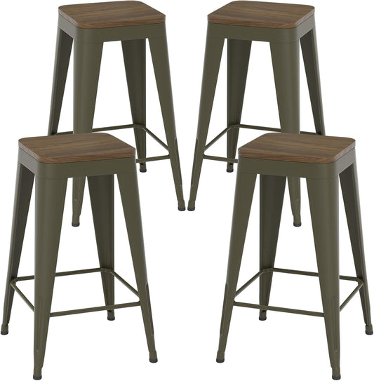 26 inch Backless Bar Stools Set of 4, Indoor Metal Bar Stools with Wood Seat, Industrial Counter Height Barstools for Kitchen Island, Rusty