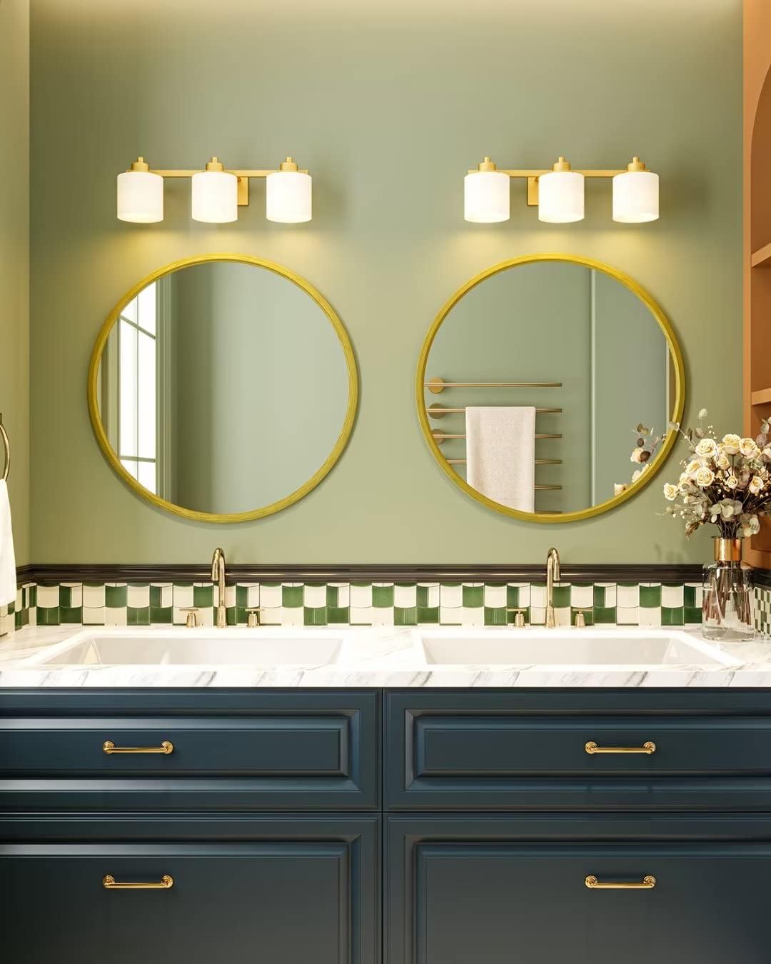 Growsun 24 inch Retro Gold Round Mirror Circle Wall Mirror for Bathroom Vanity, Entryway Living Room with Metal Frame for Home Decor