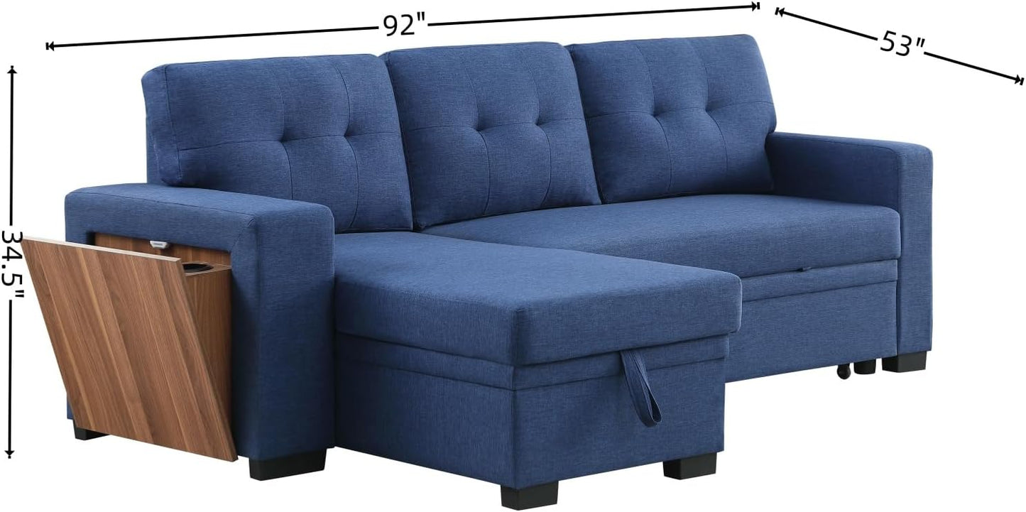 L-Shape Sofa Bed, 92" Sectional Couch with Storage Chaise, Pull Out Sleeper Sofa with Side Compartment, Convertible Corner Couch for Living Room Apartment, Blue