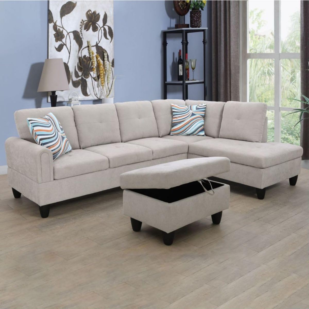 Grey White L-Shaped 3-Piece Flannel Sofa with Storage Ottoman Set, Sectional Couch Sofa Set for Living Room, Office, Small Space