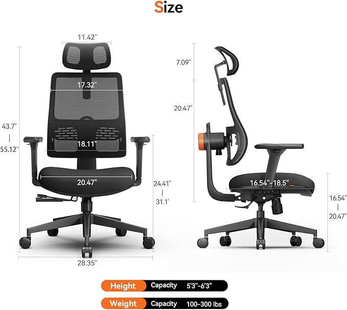 Newtral Ergonomic Office Chair with Adaptive Lumbar Support- High Back Desk Chair with Adjustable Headrest, 3D Armrest, Adjustable Seat Depth & Height, Home Office