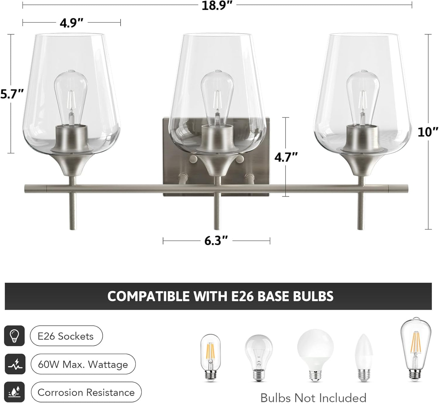 VONLUCE Bathroom Vanity Light, 3 Light Bathroom Light Fixture Over Mirror, Bathroom Wall Lamp with Clear Glass, Modern Brushed Nickel Vanity Lighting fixtures for Bathroom, Bedroom, Hallway