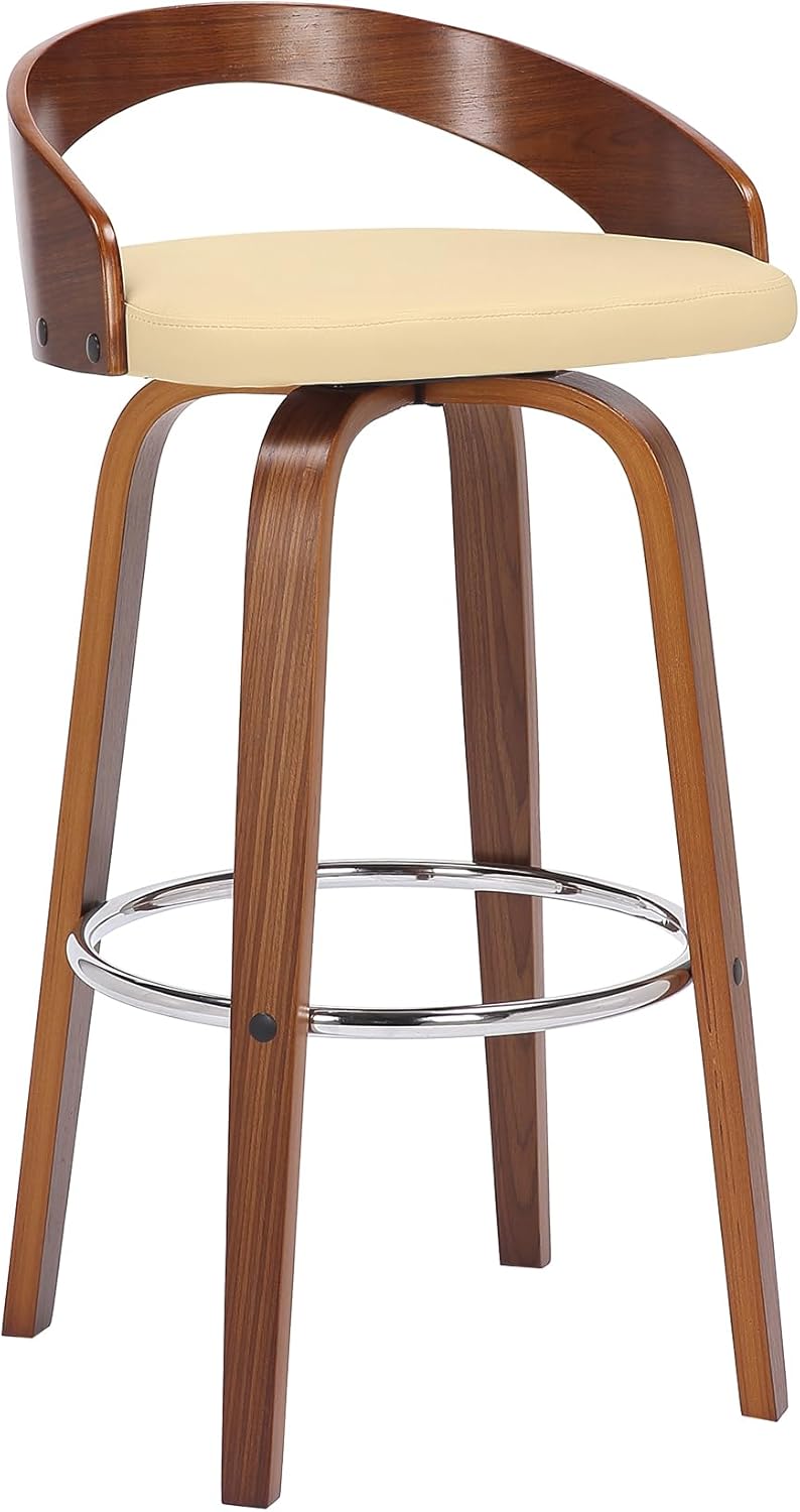Armen Living Sonia 30" Bar Height Swivel Cream Faux Leather and Walnut Wood Bar Stool - Set of 2