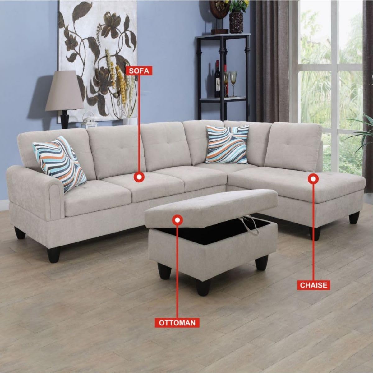 Grey White L-Shaped 3-Piece Flannel Sofa with Storage Ottoman Set, Sectional Couch Sofa Set for Living Room, Office, Small Space