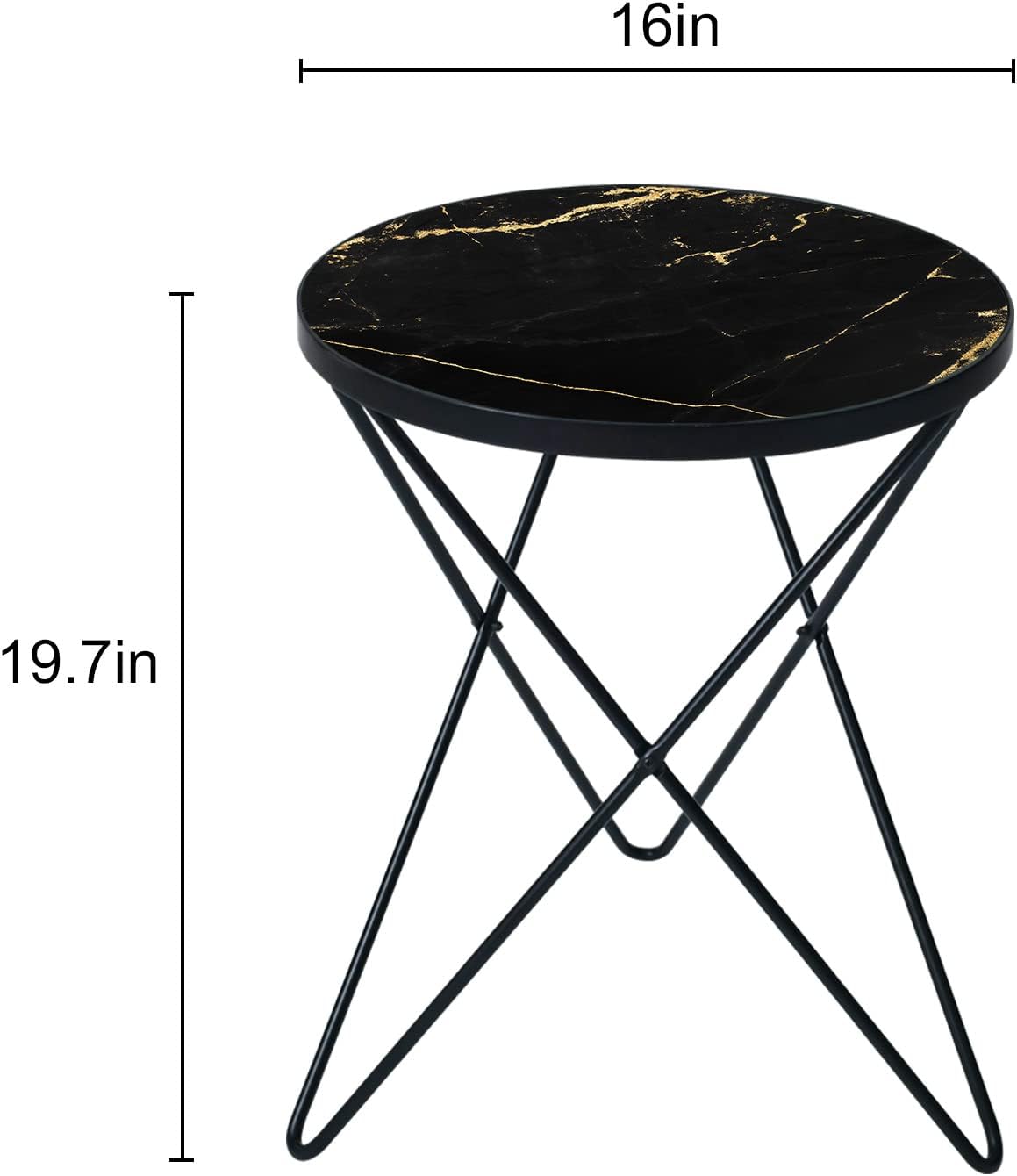 HLR Modern Round Side Table Set of 2, End Table with Marble Effect Top and Gold Metal Frame, Small Side Table for Living Room, Bedroom, Sofa and Couch, Black Legs, Black Marble top