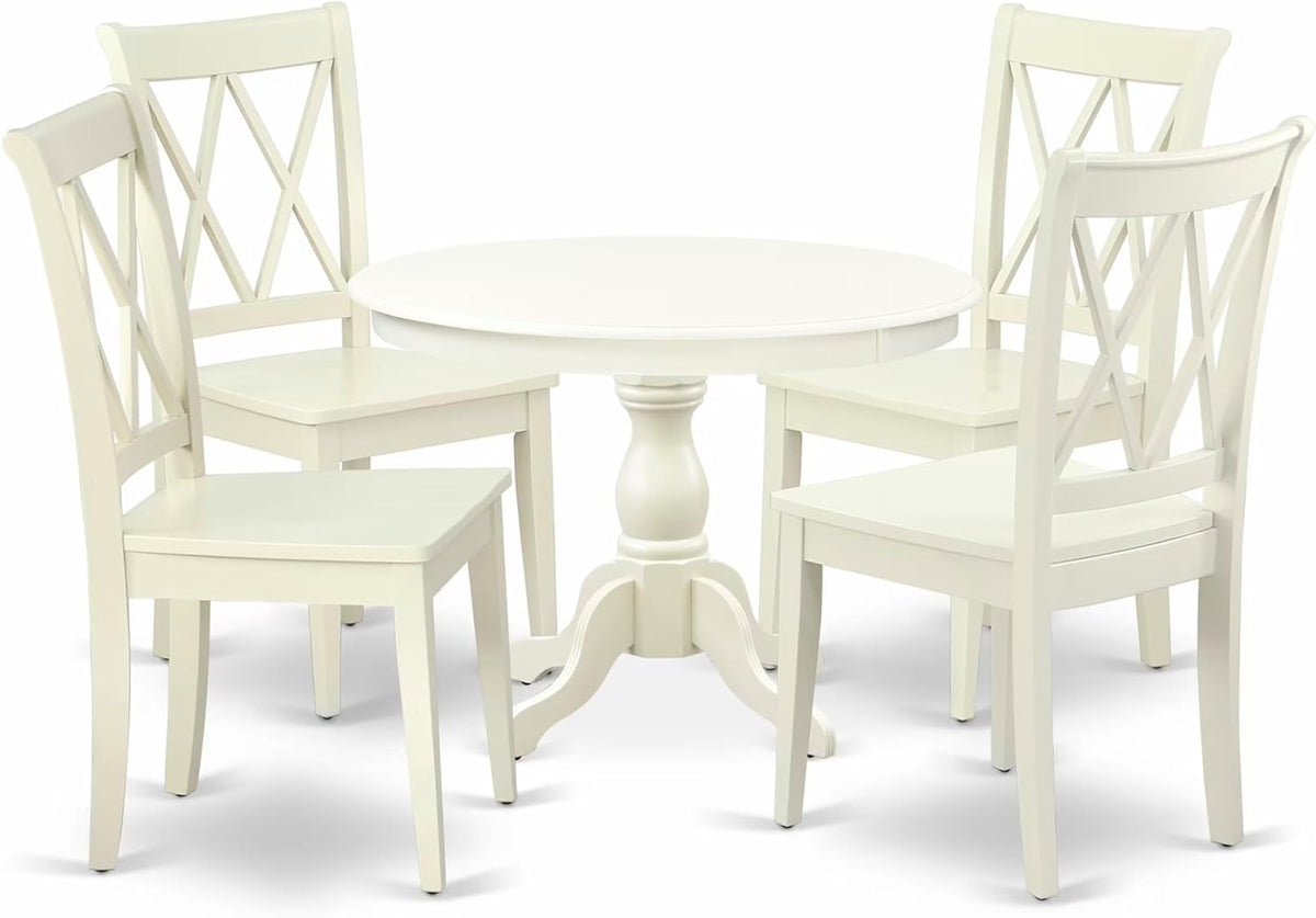 East West Furniture HBCL5-LWH-W 5 Piece Dining Set Includes a Round Dining Room Table with Pedestal and 4 Kitchen Chairs, 42x42 Inch, Linen White