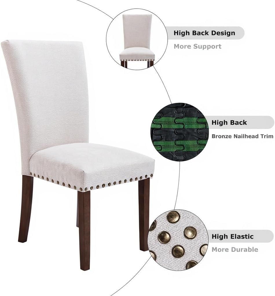 Set of 4 Beige Upholstered Dining Chairs – Farmhouse Kitchen Chairs with High Back, Solid Rubberwood Legs, Padded Foam Seat & Bronze Nailhead Trim, Comfortable Dining Room Chairs for Home, Living Room