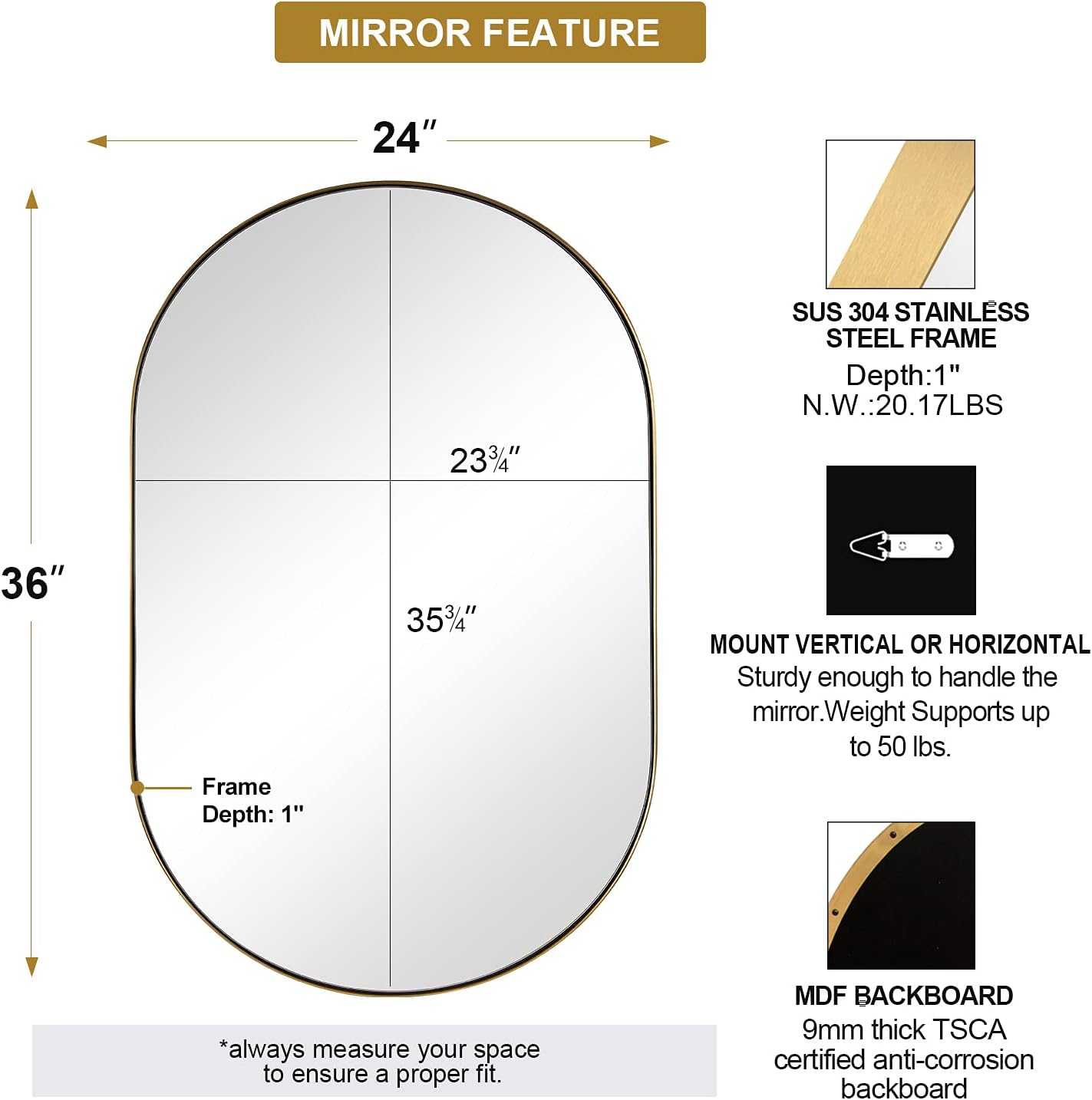 ANDY STAR Gold Oval Mirror, Brass Mirror for Wall, Oval Mirrors for Bathroom in Stainless Steel Metal 1’’ Thin Frame Pill Shaped Mirror Hangs Vertical or Horizontal Ideal for Limited Space