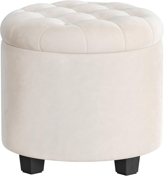SONGMICS Round Ottoman, Ottoman with Storage, 17.7 x 17.7 x 17.5 Inches, Foot Rest with Legs, Velvet, Load up to 330 lb, for Living Room, Bedroom, Cream White ULOM012W01