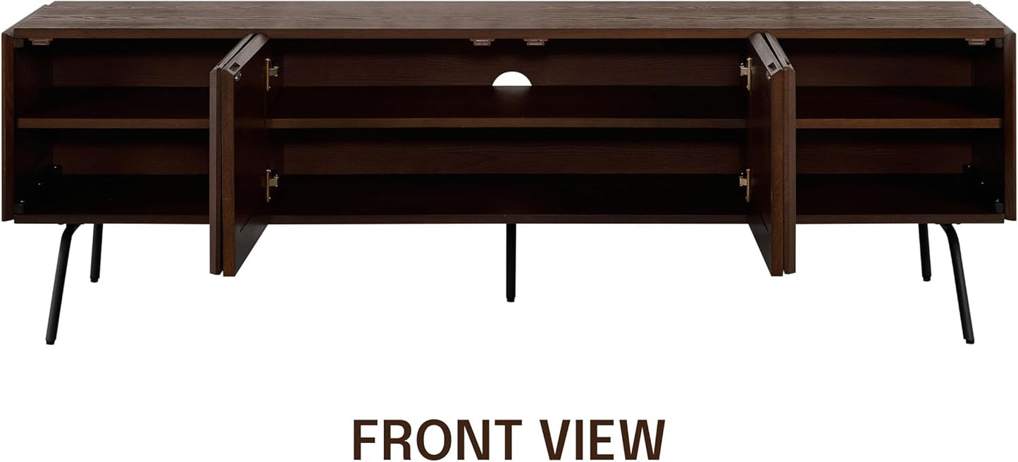 NTC Mossic TV Media Cabinet with 4 Doors for TVs, Entertainment Center with Natural Rattan, Metal Legs, Modern Storage Console for Living Room and Bedroom, Effortless Assembly, Dark Walnut