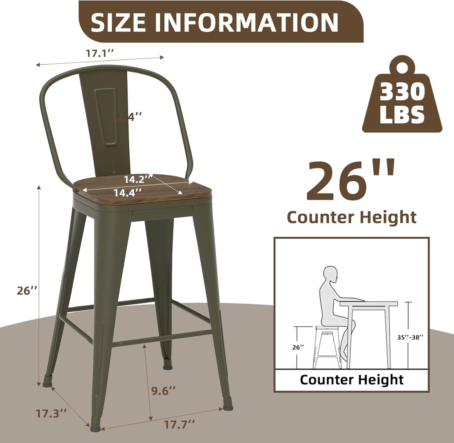 26” Swivel Bar Stools Set of 4, Counter Height Bar Stools Wooden Seat, Metal Industrial Bar Chairs with High Back for Kitchen Island (Rusty)