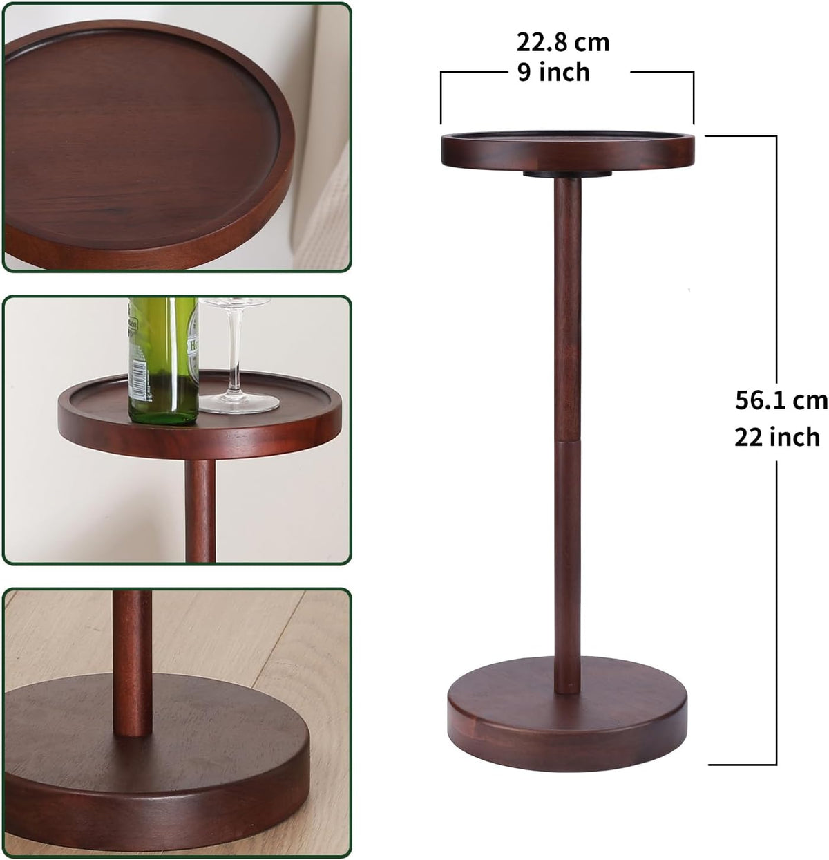 Solid Acacia Wood Pedestal End Table - Small Round Martini Table