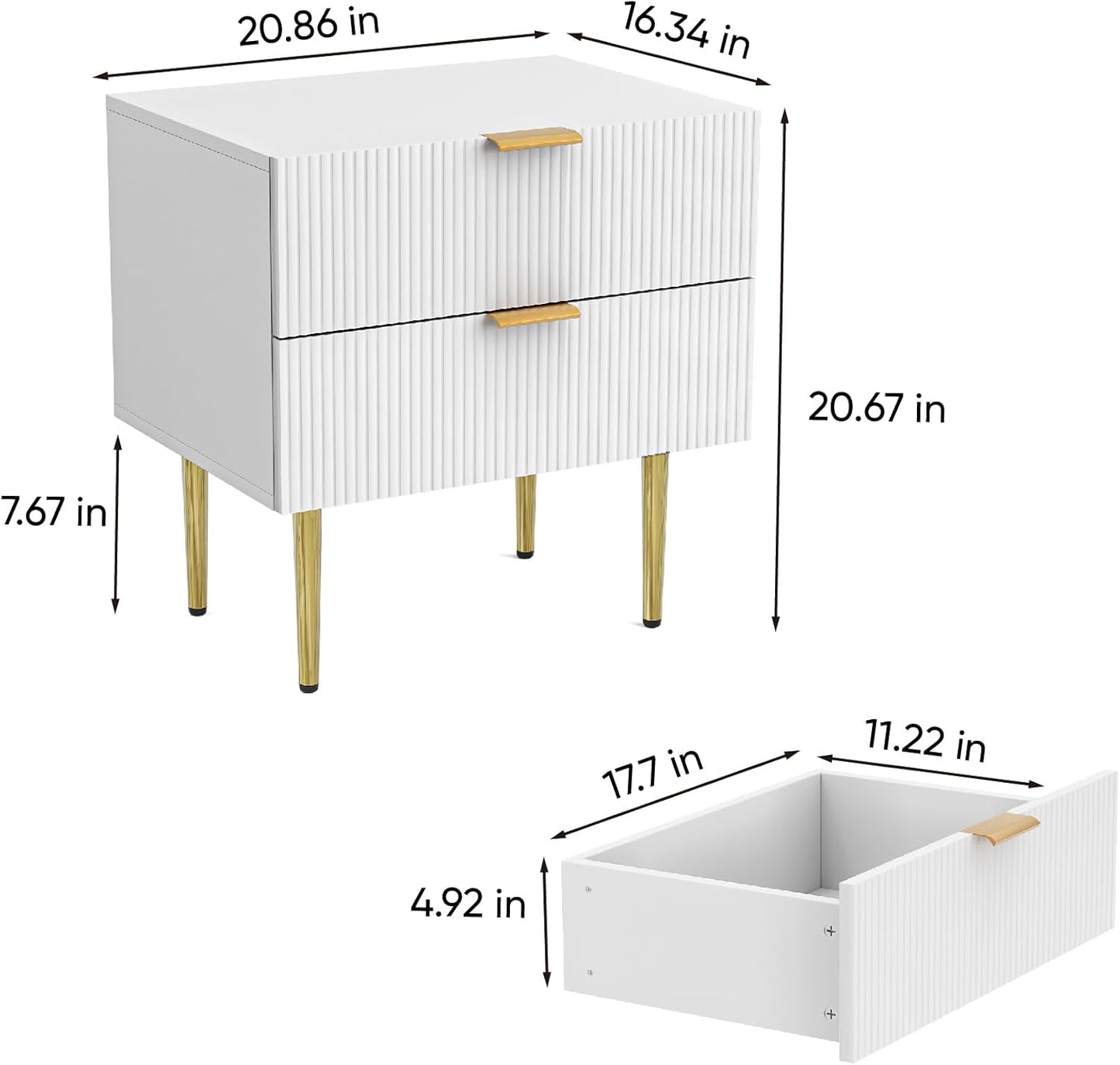 White Nightstand for Bedroom, Fluted Night Stand Set of 2, Mid Century Modern Bedside Table with Gold Metal Legs