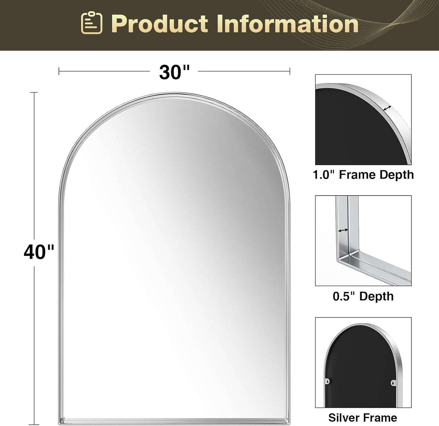 Brightify Arched Mirror, Arched Wall Mirror, 30 x 40 Inch Silver Arch Mirror, Metal Frame Silver Bathroom Mirror, Arched Top Bathroom Vanity Mirror for Living Room Bedroom Mantel Entryway Hallways