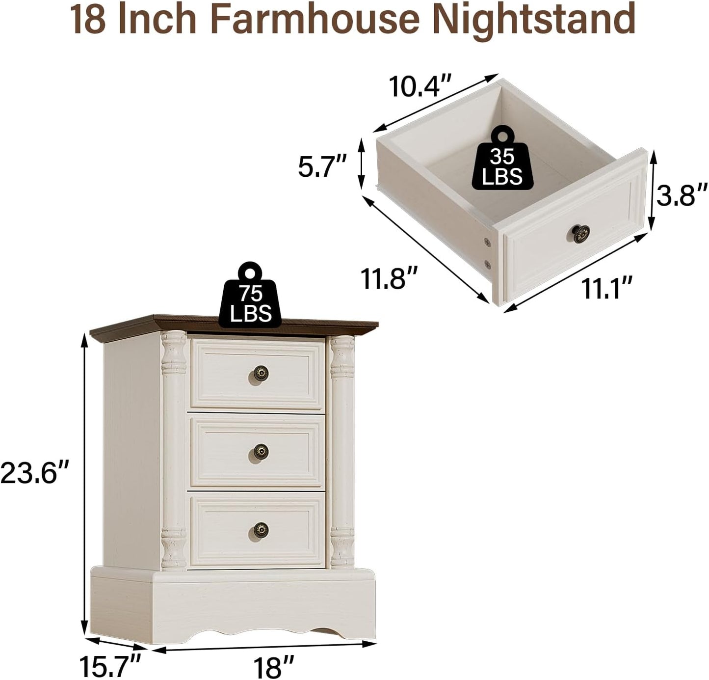 Nightstand with 3 Drawers, Rustic Night Stand 18' Wide Side Table with Storage, Mid-Century Modern Couch End Table with Vintage Handles, Small Dresser for Bedroom, Living Room, Antique White