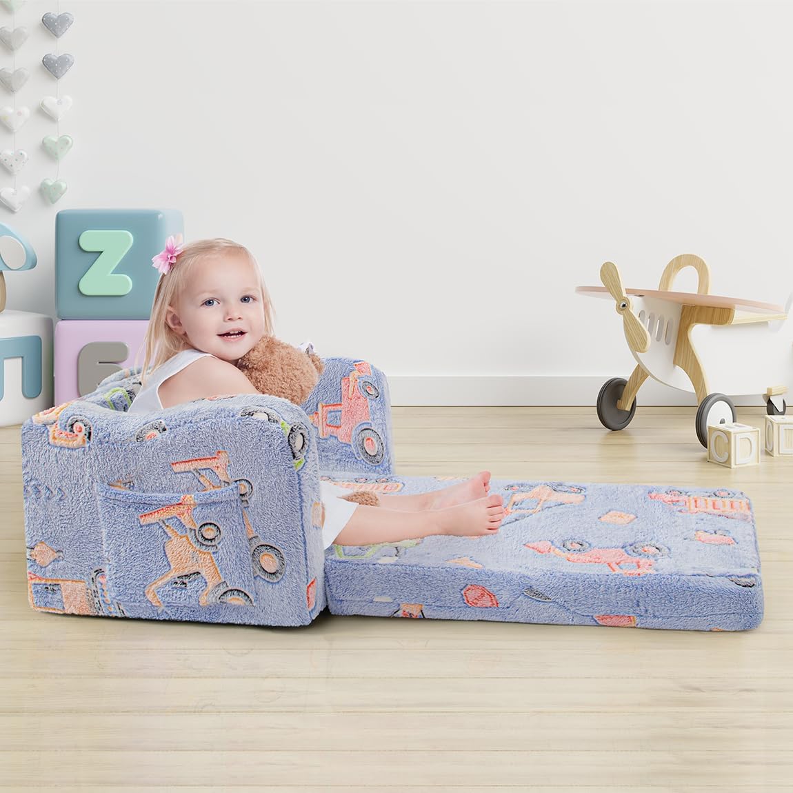 Toddler Chair and Couch, 2 -in-1 Toddler Couch Fold Out, Convertible Chairs for Toddlers Comfy Sofa to Lounger with Glow in The Dark Feature, Soft for Girls and Boys