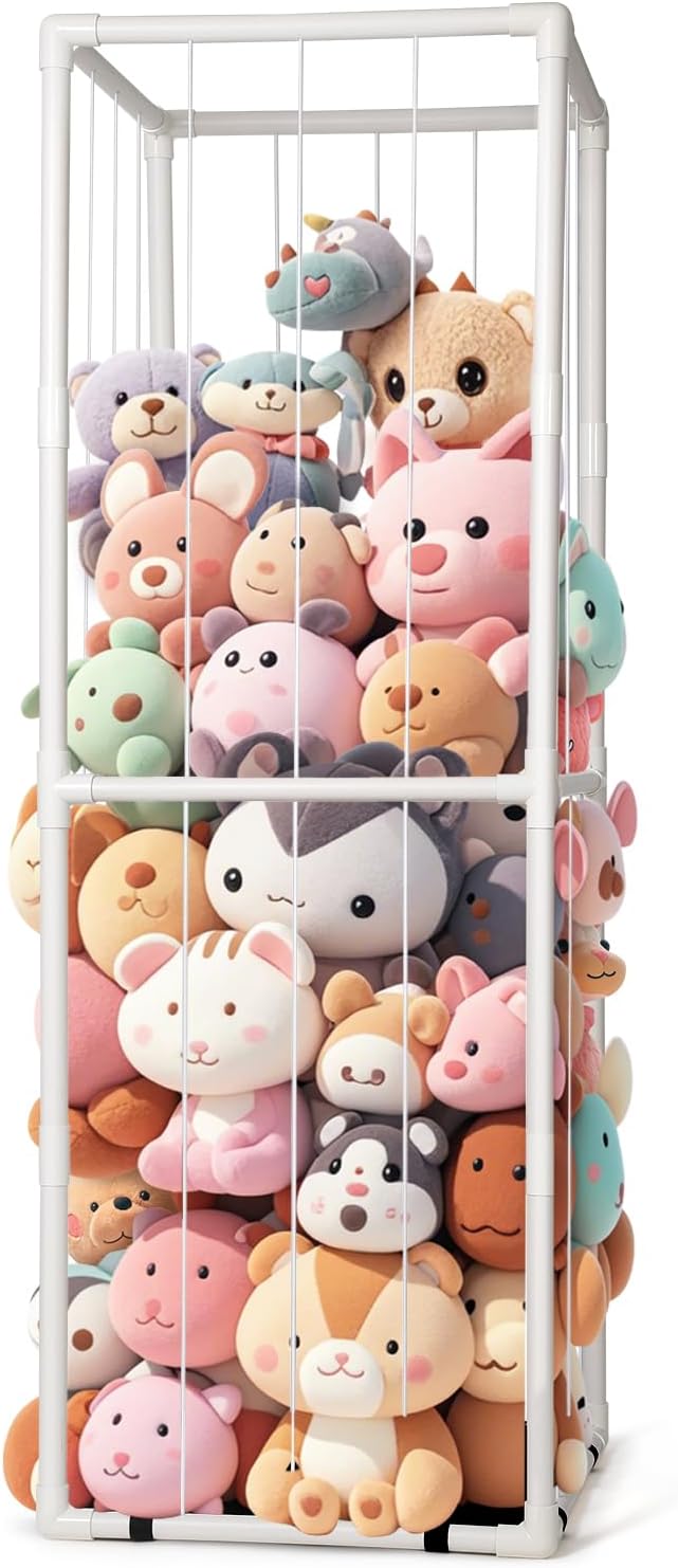 Stuffed Animal Zoo Storage - Tall PVC Material Toy Organizer with Elastic Cords & Shelf, Space-Saving Plushie Playhouse for Nursery, Playroom, Kids Bedroom - Easy Assembly