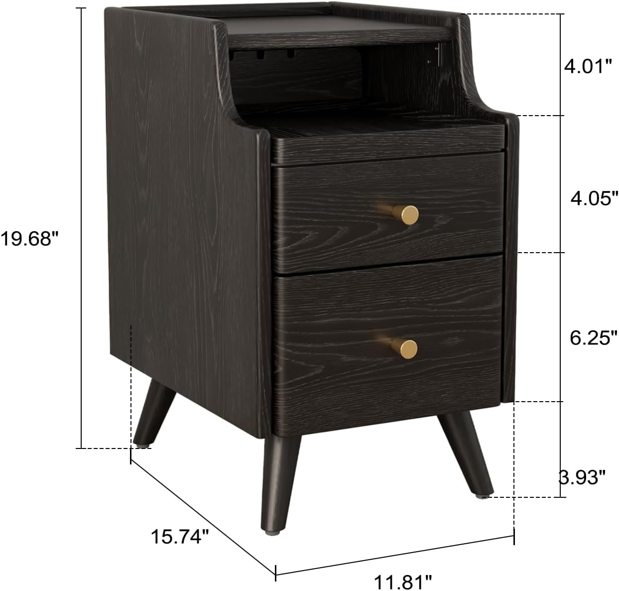 Small Nightstand with Drawers, Solid Wood Bedside Table, Narrow Walnut Nightstand for Bedroom
