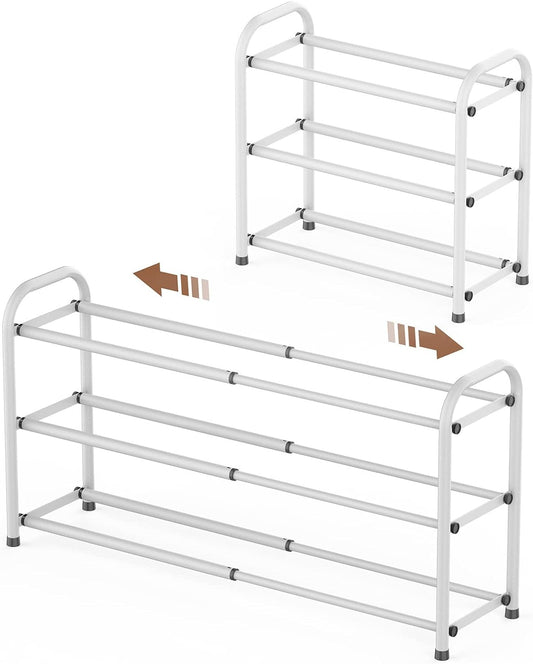 Gonfoam 3-Tier Expandable Shoe Rack,Adjustable Shoe Shelf Storage Organizer Heavy Duty Metal Free Standing Shoe Rack for Entryway Closet Doorway (White)