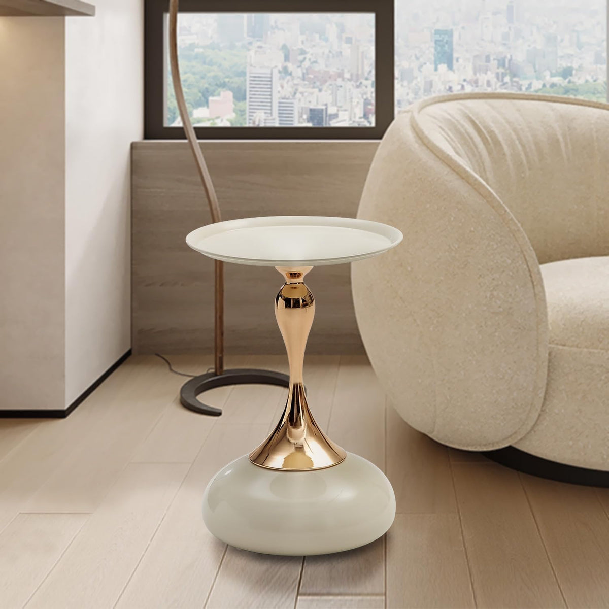 White Pedestal Side Table for Small Spaces, Metal Round Unique End Tables Living Room Modern Corner Accent Table, Martini Table Small Drink Table for Couch, Sofa, Recliner