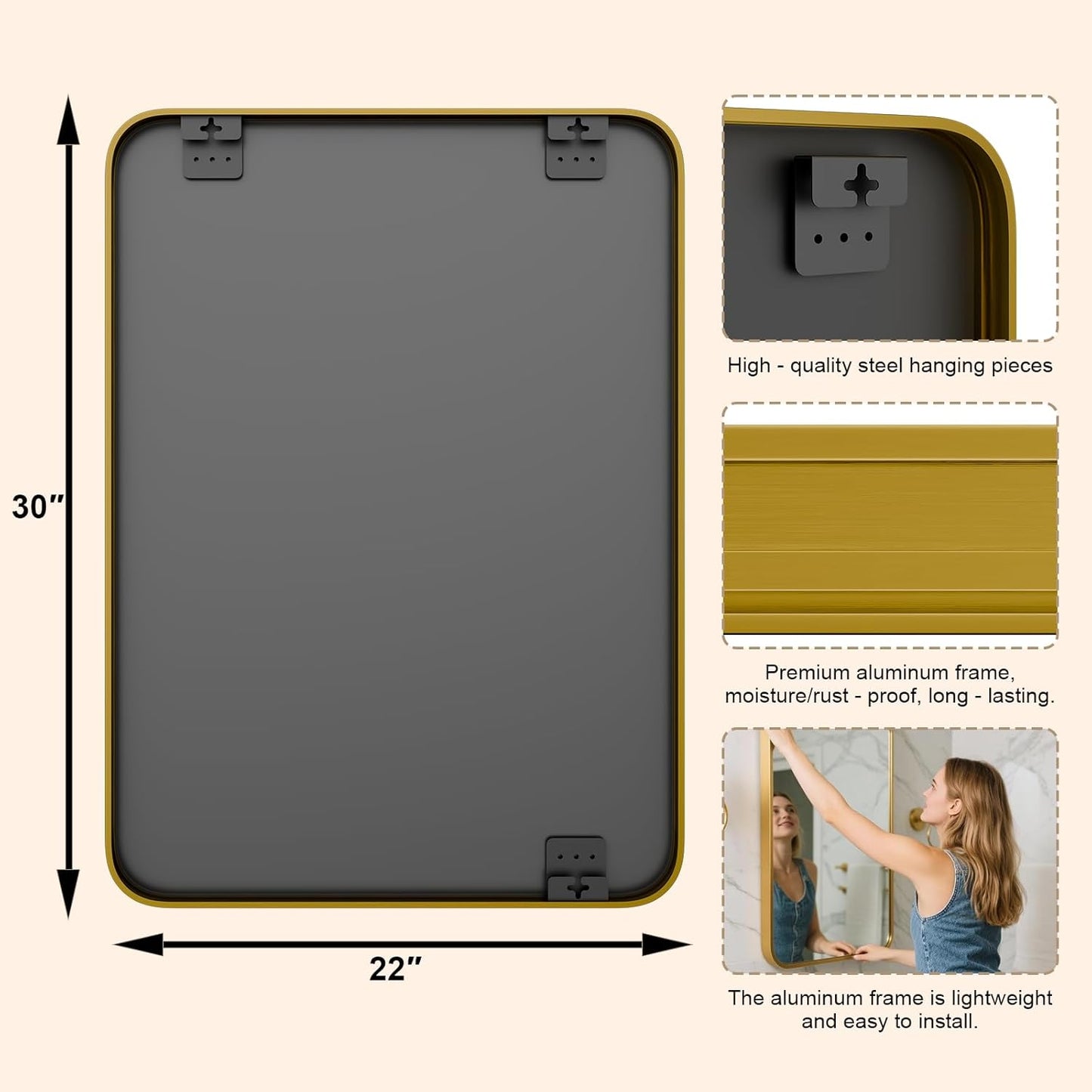 22"×30" Bathroom Mirror for Wall, Modern Bathroom Vanity Mirror, Gold Bathroom Mirrors for Over Sink with Metal Framed HD Tempered Glass Hangs Horizontally or Vertically