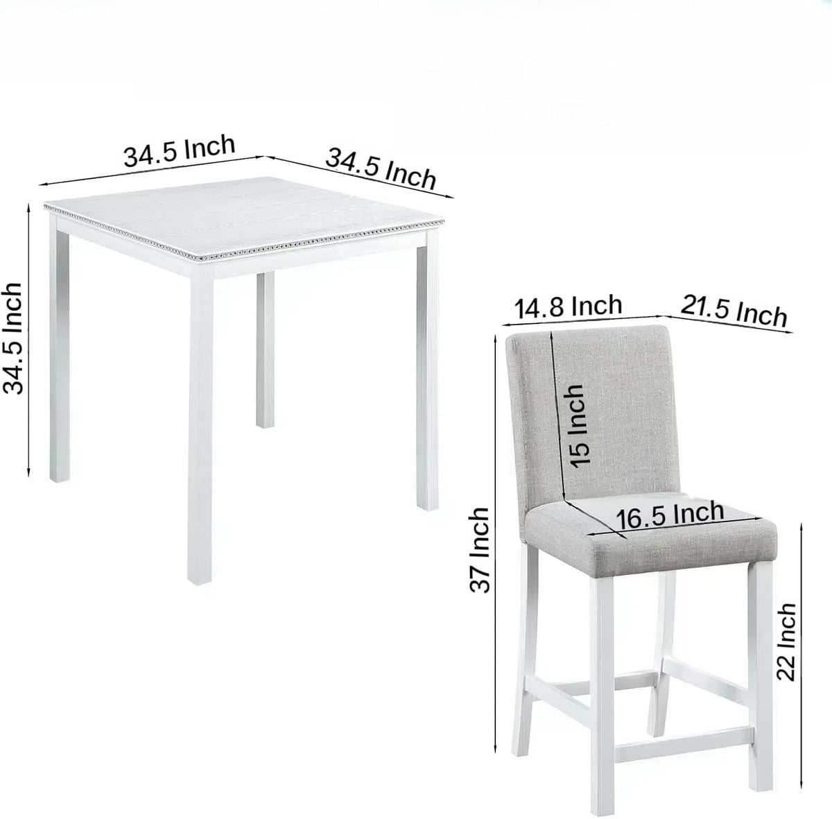 5PCS Modern White Counter Height Dining Table Set, Square Table with Crystal Decoration and 4 Upholstered Chairs for Kitchen, Dining Room