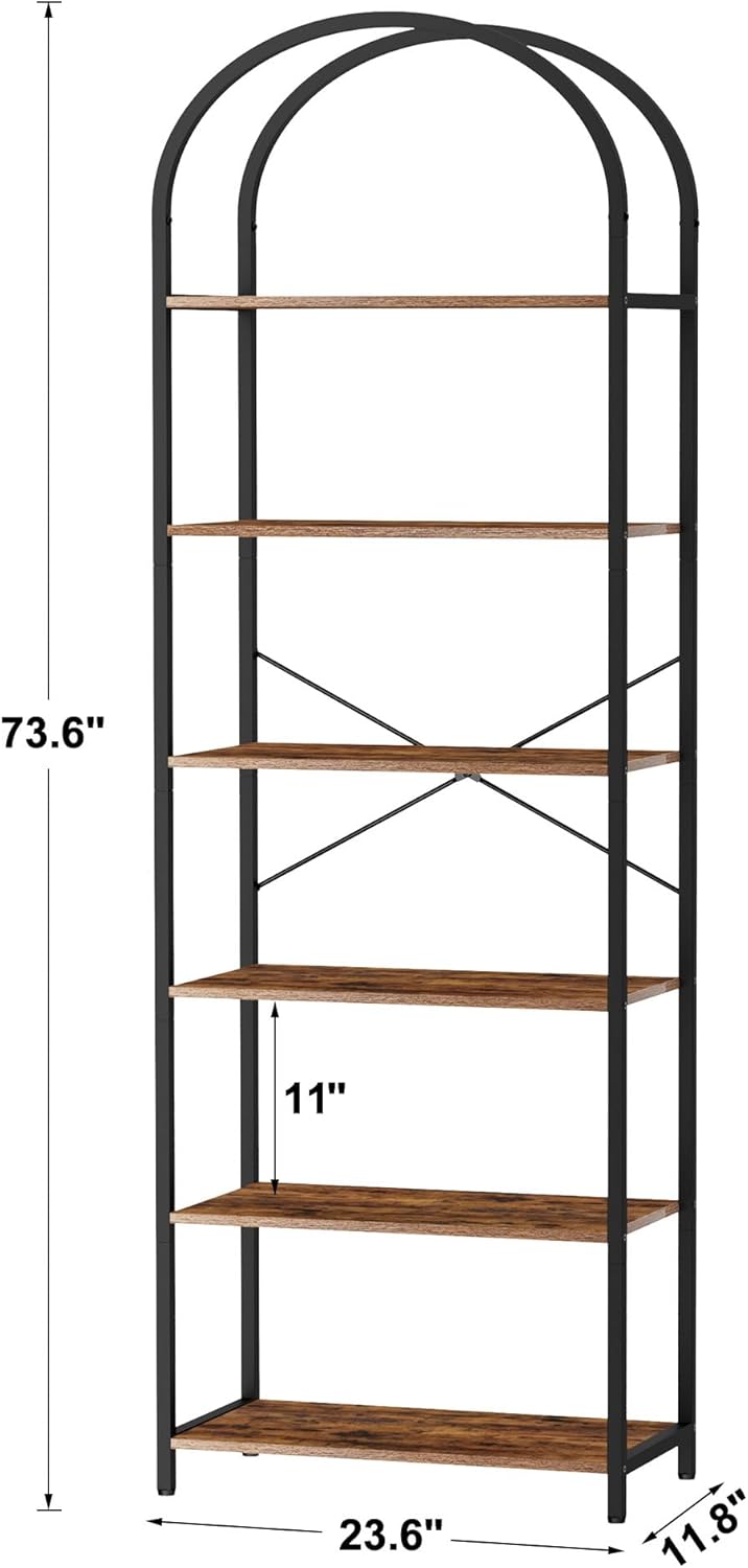 Homhedy 6-Tier Bookshelf Arched Display Racks, Wood and Metal Bookcase, Tall Bookshelf, Industrial Display Standing Shelf Unit, for Home Office, Living Room, Bedroom, Bathroom, Rustic Brown