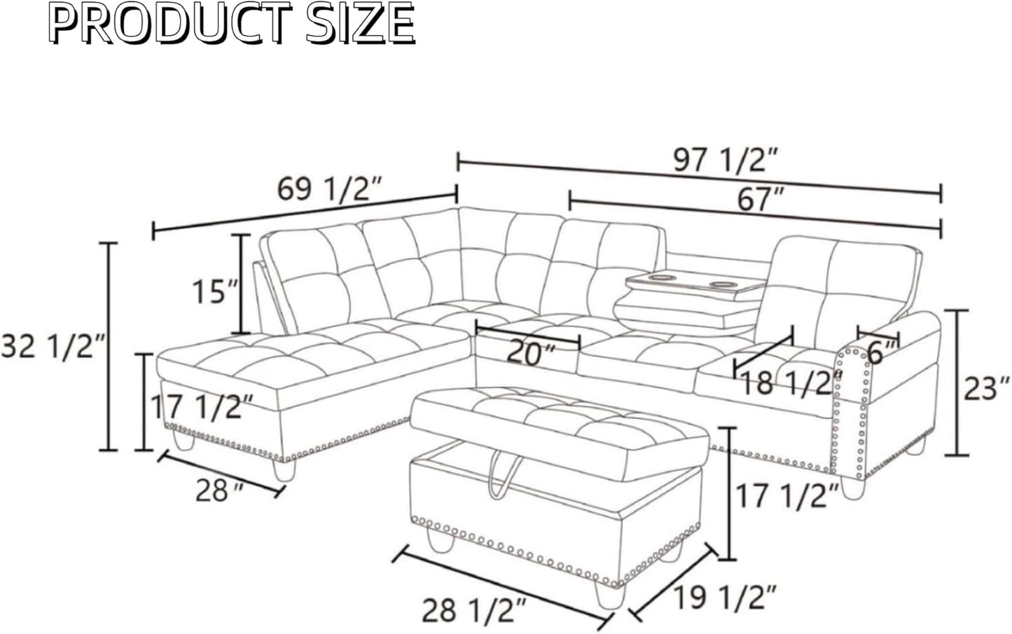 L Shaped Sectional Couches for Living Room, Modular 4 Seat Sofa with Ottoman Storage, Modern Couch with Chaise for Bedroom Apartment Furniture, Black