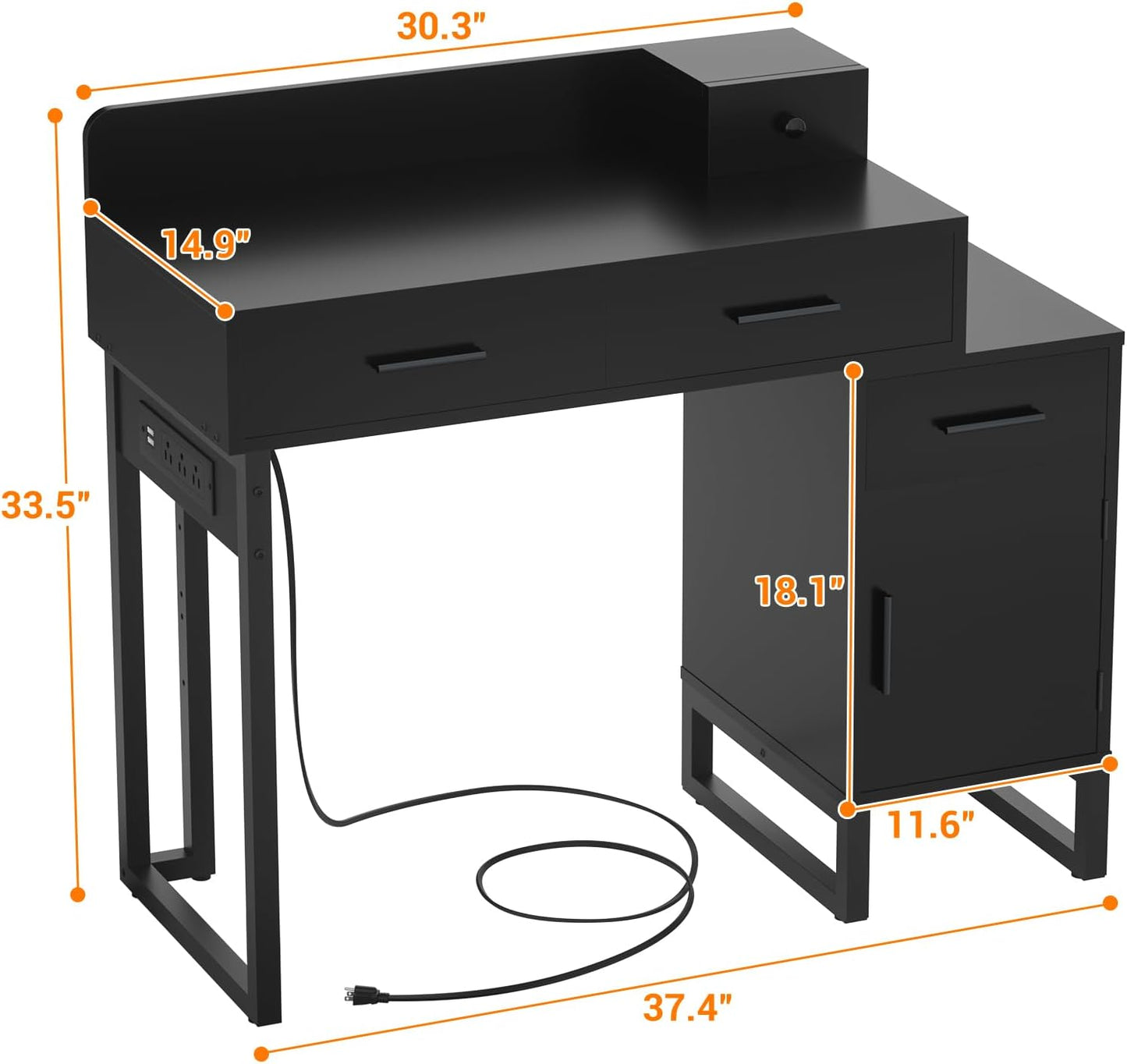 Vanity Desk with 4 Storage Drawers - Modern Makeup Vanity Table with Charging Station, Black Vanity Desk with Reversible Cabinet Dressing Table Set with Divided Organizers for Women Girls, Black