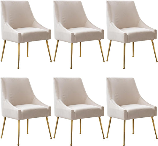 Modern Velvet Dining Chairs Set of 6, Contemporary Upholstered Furniture Collection with Polished Gold Metal Legs, Elegant Accent Chairs for Kitchen Living Room(White)