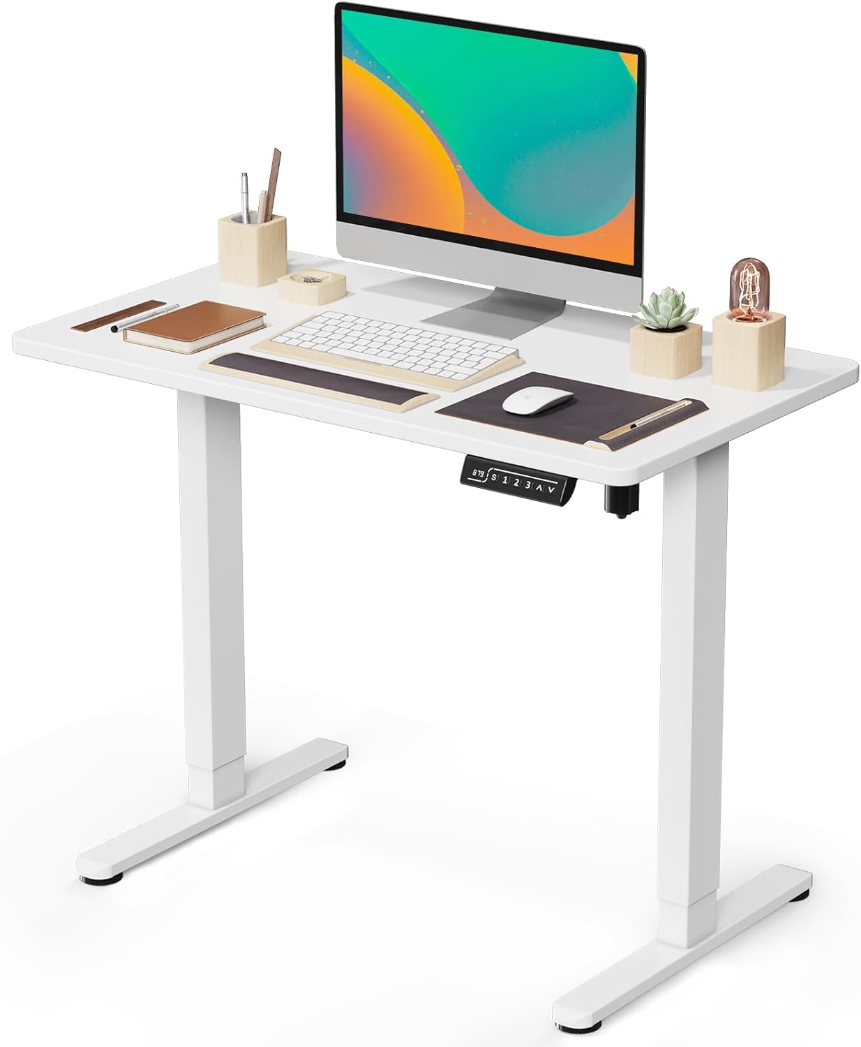 JOY worker Small Electric Standing Desk, 35" x 20" Whole Piece Height Adjustable Desk with Memory Controller, White Sit to Stand Desk Workstation for Home Office