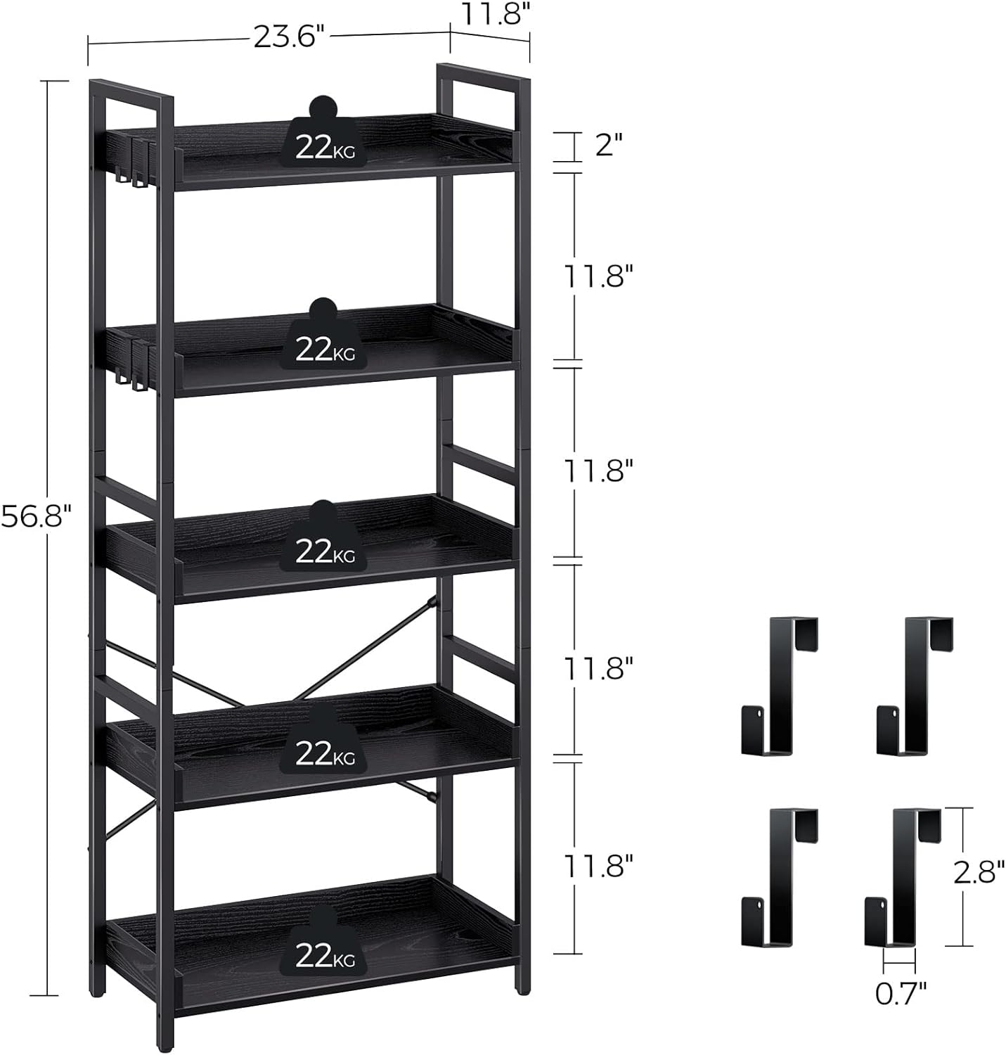 Rolanstar Bookshelf 5 Tier with 4 Hooks, Industrial Wood Bookcase, Vintage Storage Rack with Open Shelves, Rustic Standing Bookshelves Metal Frame Display Rack for Living Room, Bedroom, Black