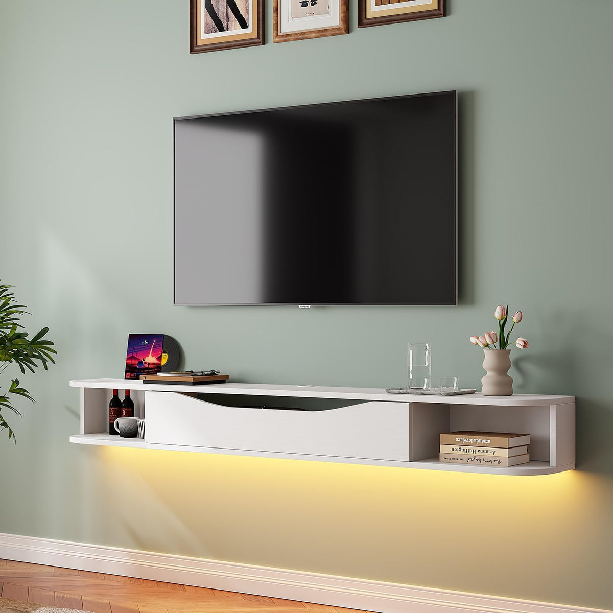Floating TV Stand,78'' Wall Mounted TV Cabinet,Floating TV Console,Under TV Shelf with 1 Door and 2 Cabinets for TVs up to 78''(White)