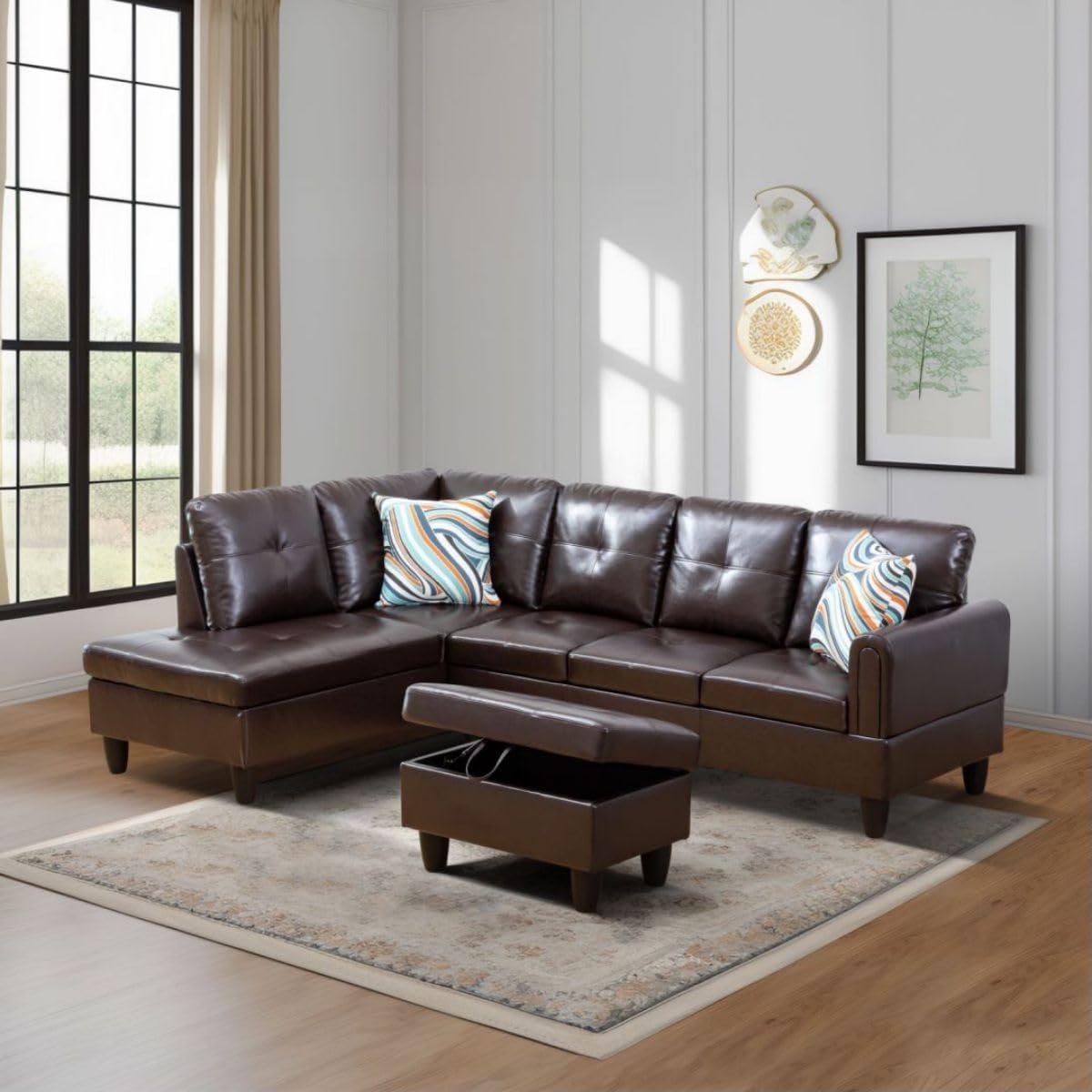 Brown L-Shaped 3-Piece Faux Leather Sofa with Storage Ottoman Set, Sectional Couch Sofa Set for Living Room, Office, Small Space