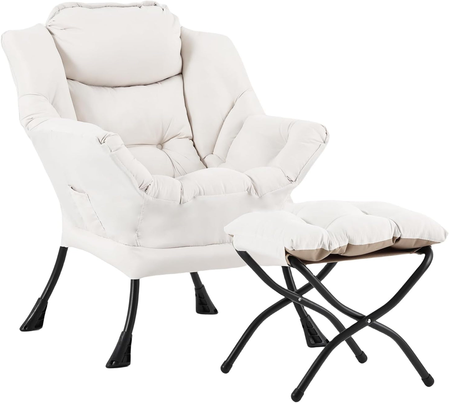 LITA Lazy Chair with Ottoman, Modern Accent Leisure Upholstered Sofa, Contemporary Lounge Reading Chair with Armrests and a Side Pocket for Living Room, Bedroom & Small Space, Beige