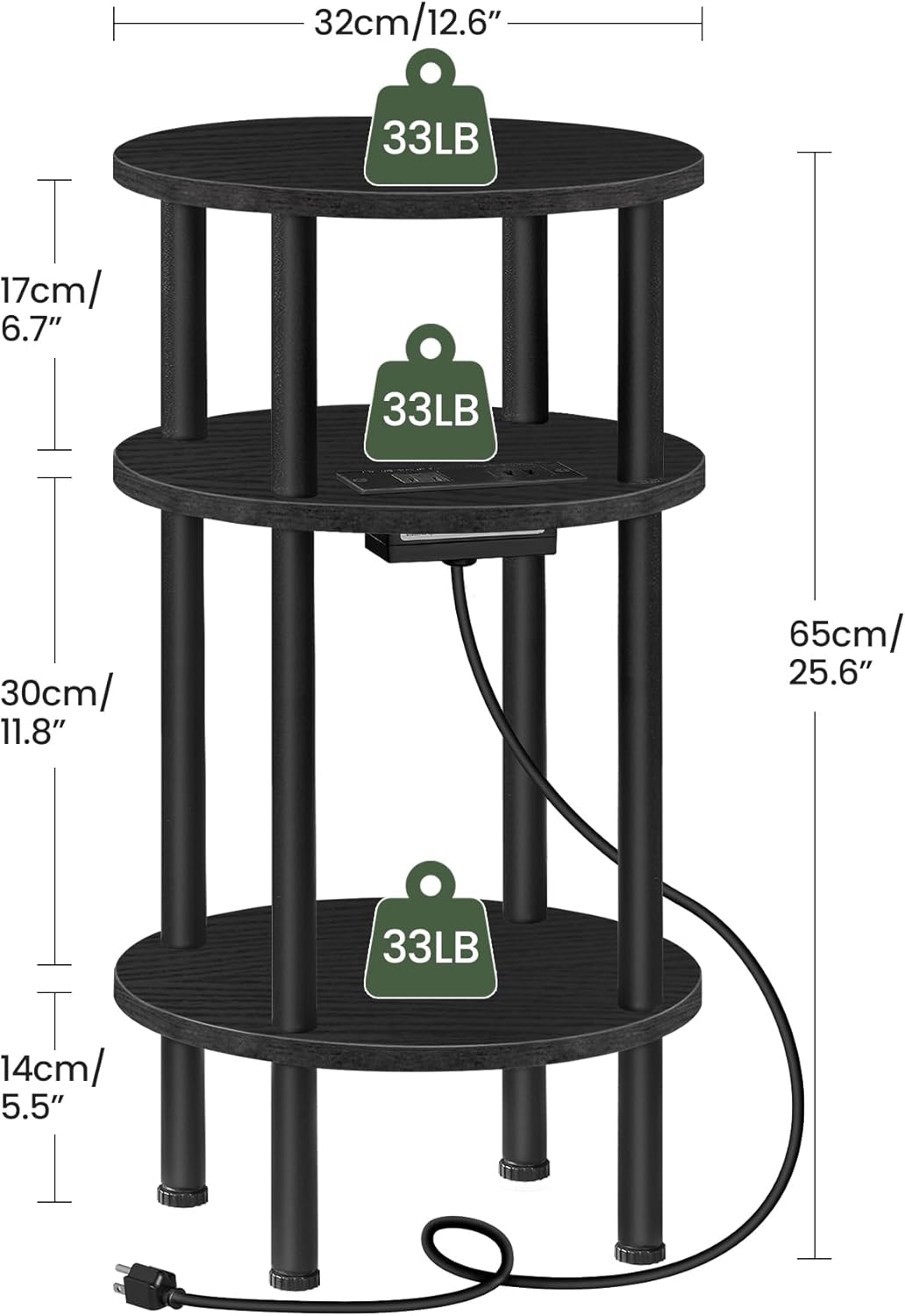 Small Round Side Table with Charging Station, 3-Tier Round End Table for Small Spaces, Nightstand for Living Room, Bedroom, Black TBZ06UBB