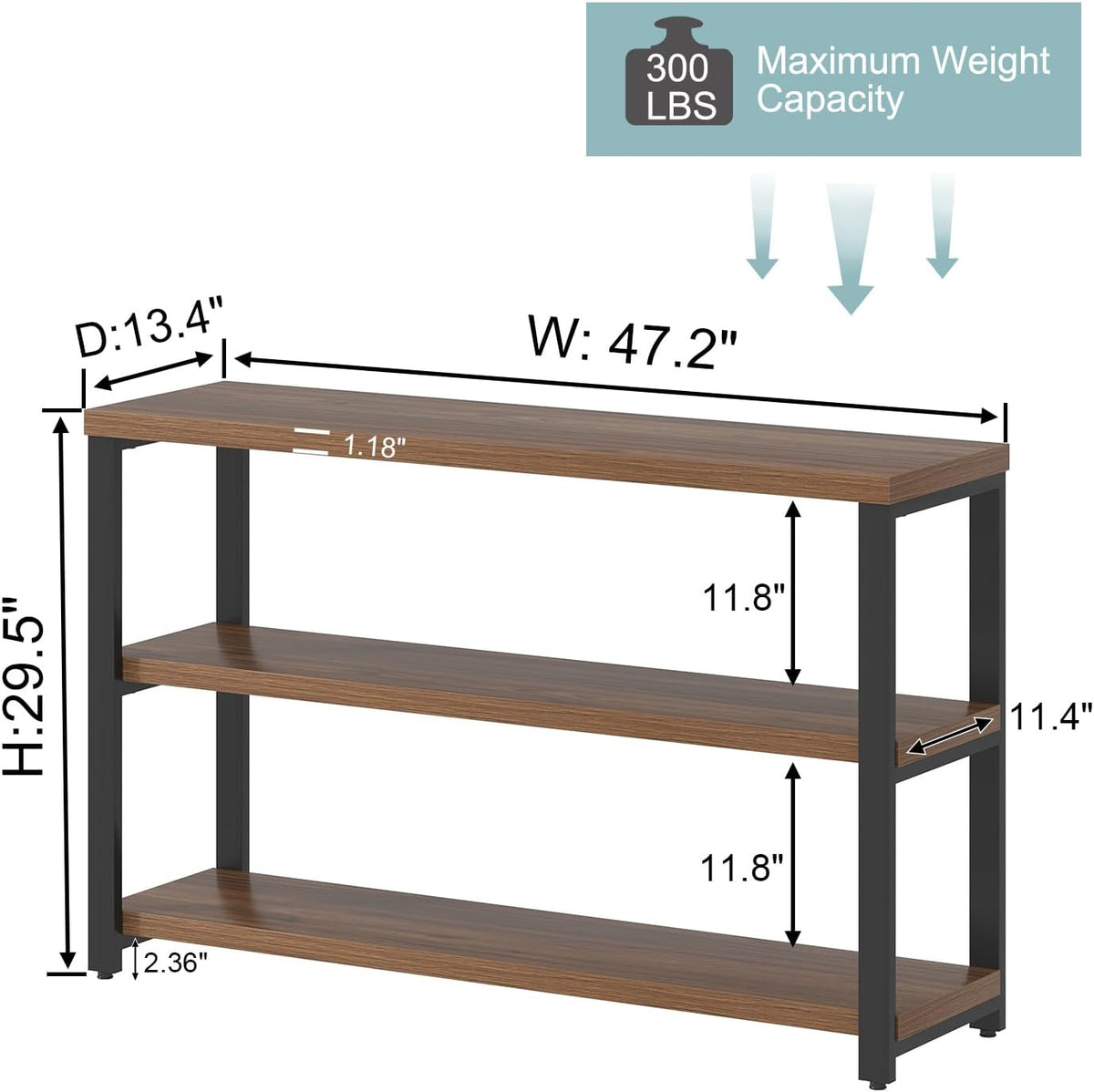 EXCEFUR 47" Entryway Table, Industrial Console Table for Living Room & Hallway, 3-Tier Storage Sofa Table Behind Couch, Walnut