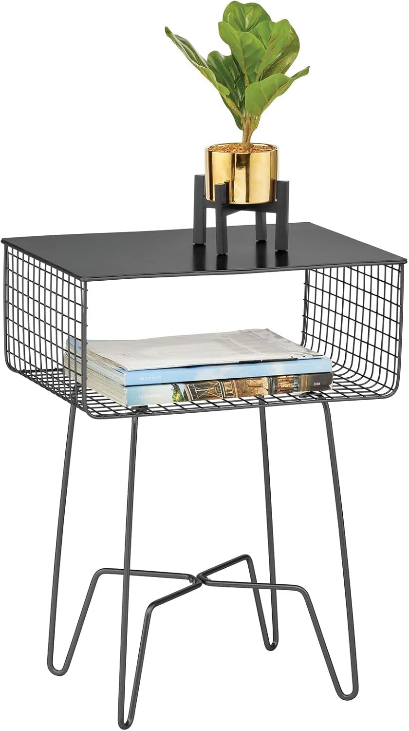 mDesign Steel Side Table Nightstand with Storage Shelf Basket for Bedroom, Living Room, Home Office; Rustic Bedside End Table, Industrial Modern Accent Furniture - Concerto Collection - Black