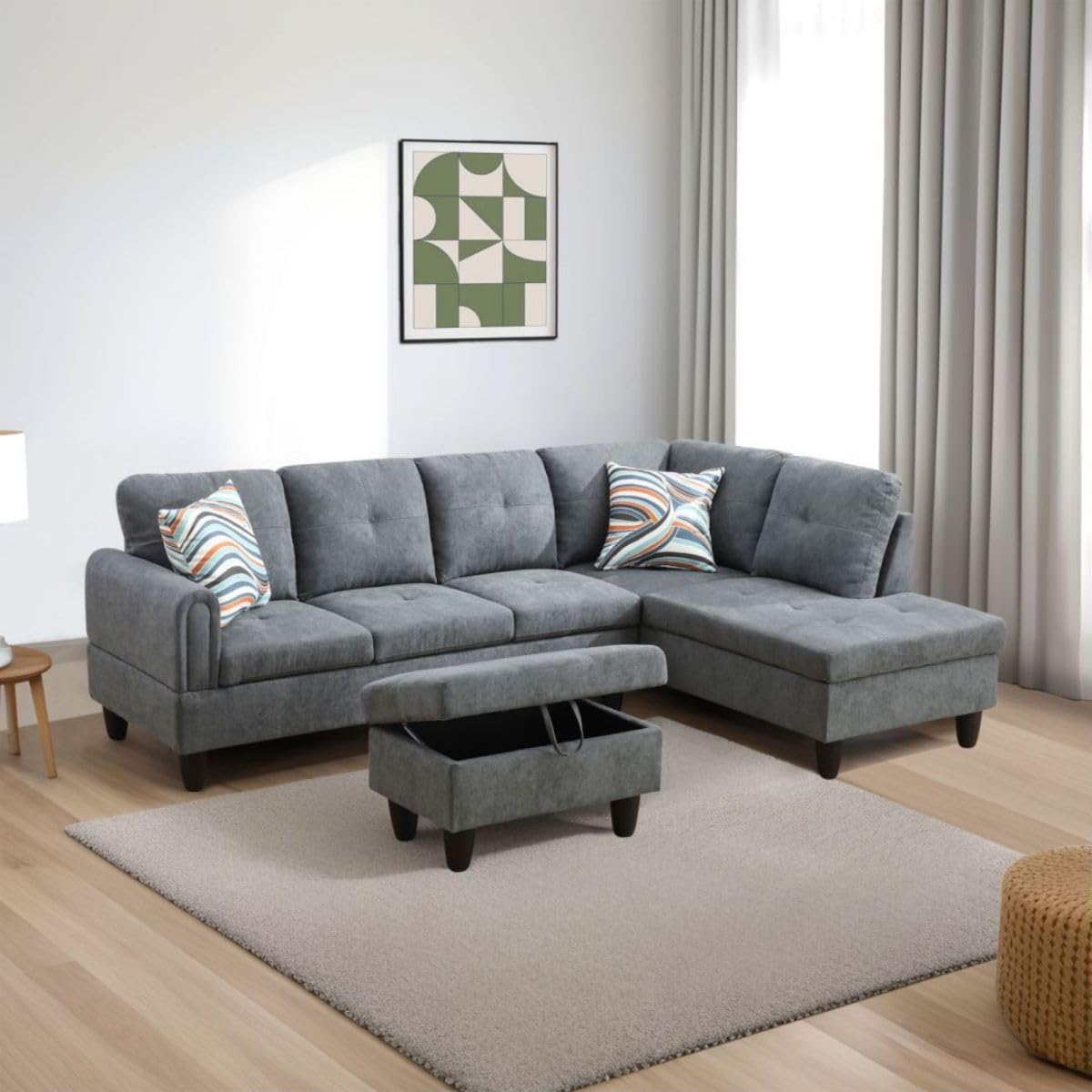 Dark Grey L-Shaped 3-Piece Flannel Sofa with Storage Ottoman Set, Sectional Couch Sofa Set for Living Room, Office, Small Space