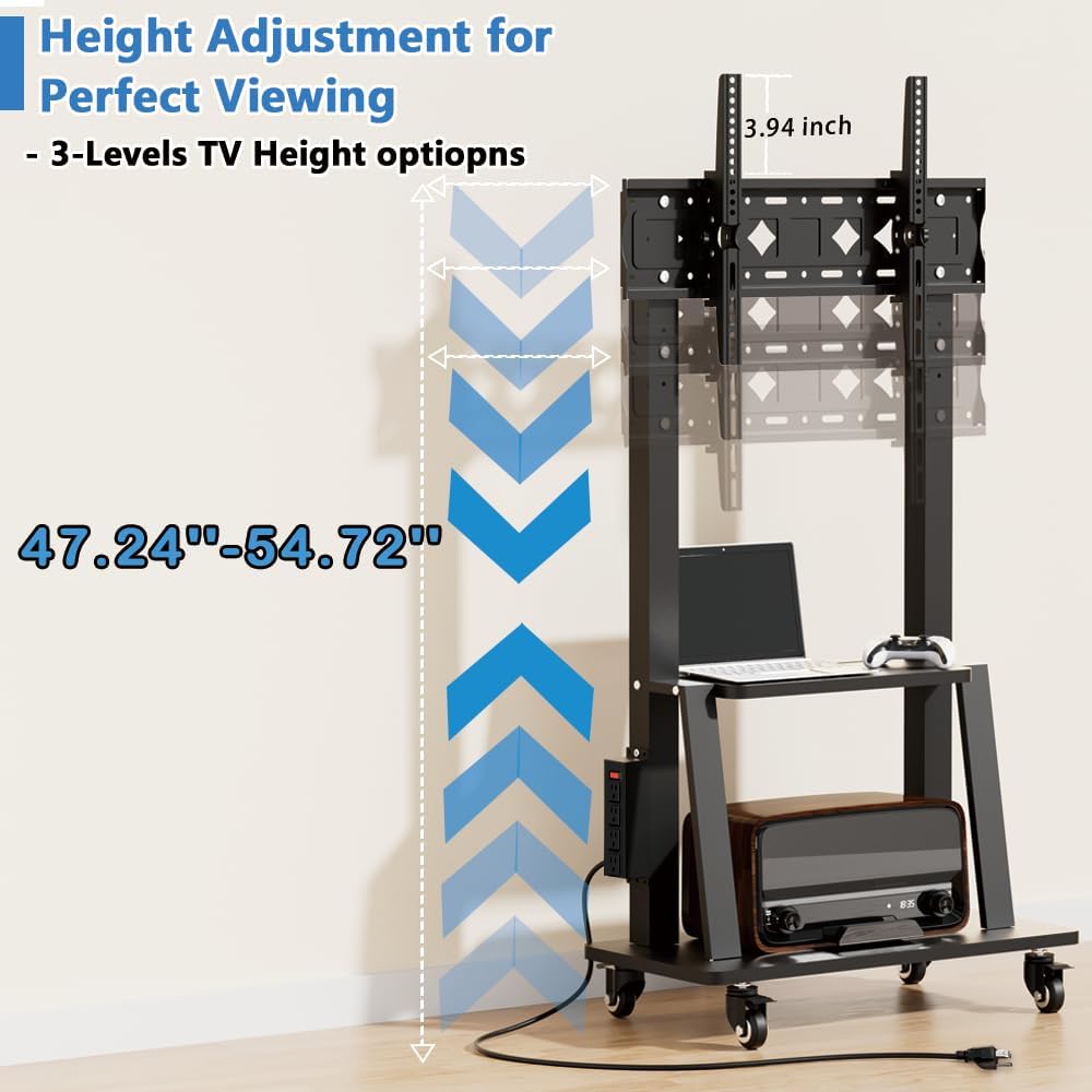 Rolling TV Stand with Power Outlet, Mobile TV Stand on Wheels for 32-75 inch TV, Height Adjustable Portable Black TV Cart, Holds up to 130LBS, Vesa 600×400mm