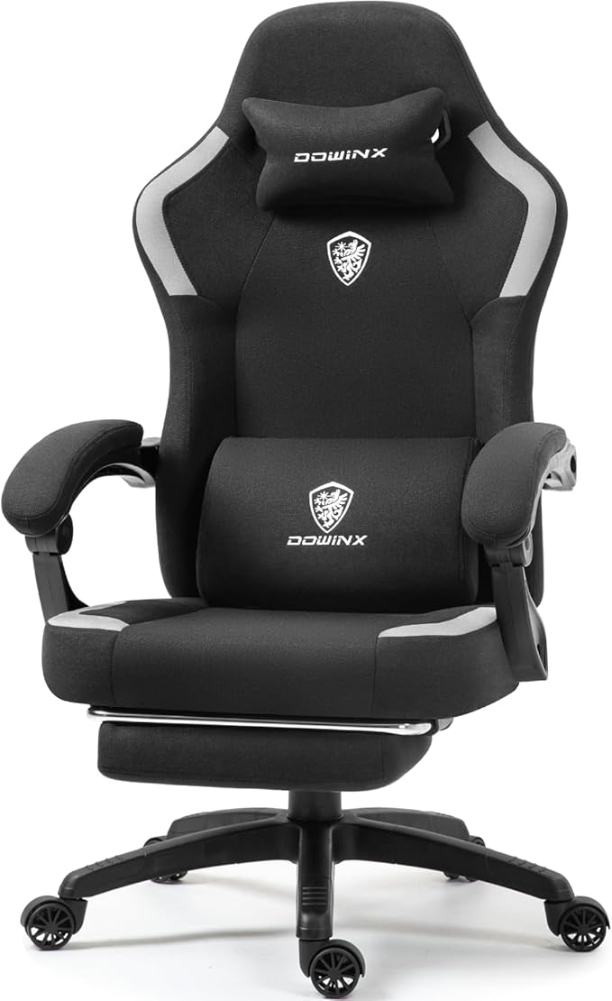 Dowinx Fabric Gaming Chair with Pocket Spring Cushion,Breathable Computer Chair with Massage Lumbar Support and Footrest,High Back Game Office Chair for Adult,Black