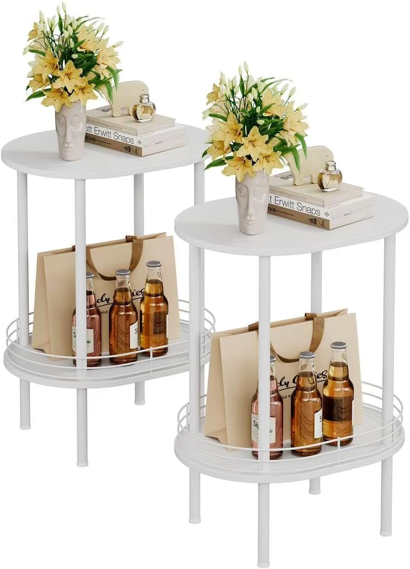 Round Side Table Set of 2,Bedside Table with Storage, Morden Round Nightstand, Samll Side Table for Living Room，Bathroom，Bedroom, Nursery, Laundry, White