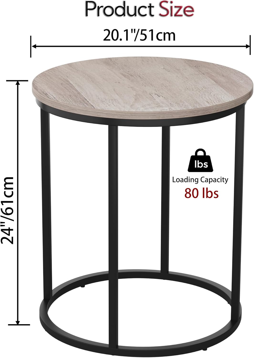 Yusong Round End Table, 20" Accent Small Side Table Nightstand Modern Bedside Table for Living Room Bedroom Office Small Spaces, Grey